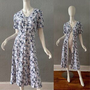 Vintage 80s 90s White Blue Floral Button Midi Cotton Dress S/M